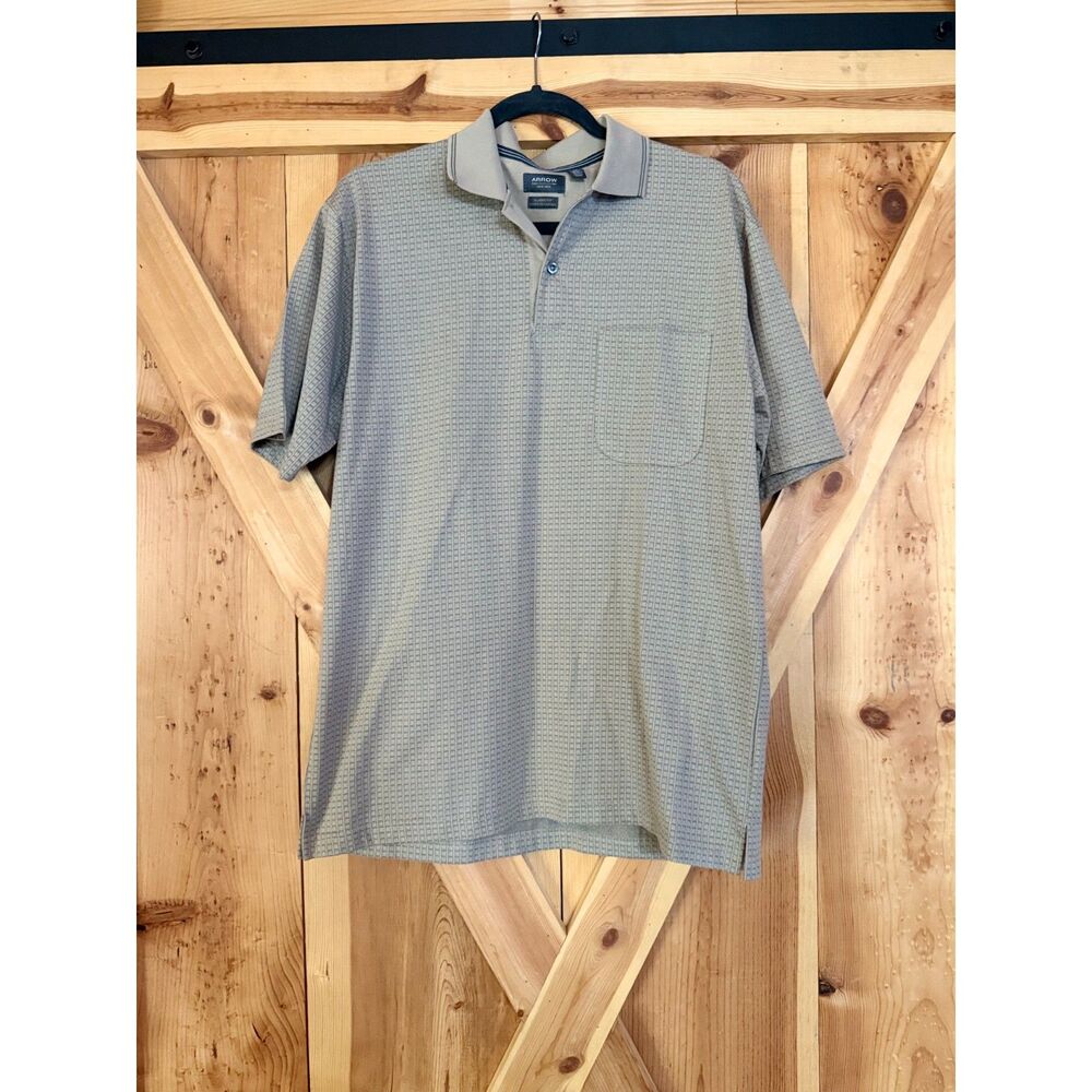Arrow Beige Tan Textured Grid Knit Polo Shirt Medium Preppy Grandpacore Golf Lux